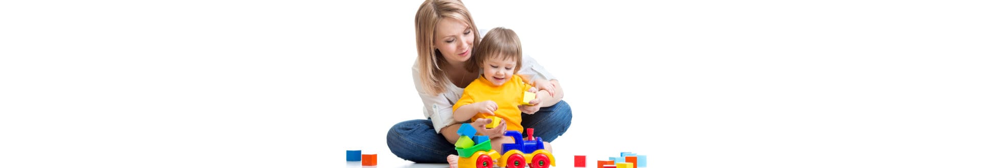 woman with little child playing toys